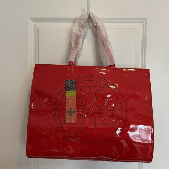Tory Burch NWT Logo Perforated Tote in Tory Red - Picture 2 of 13